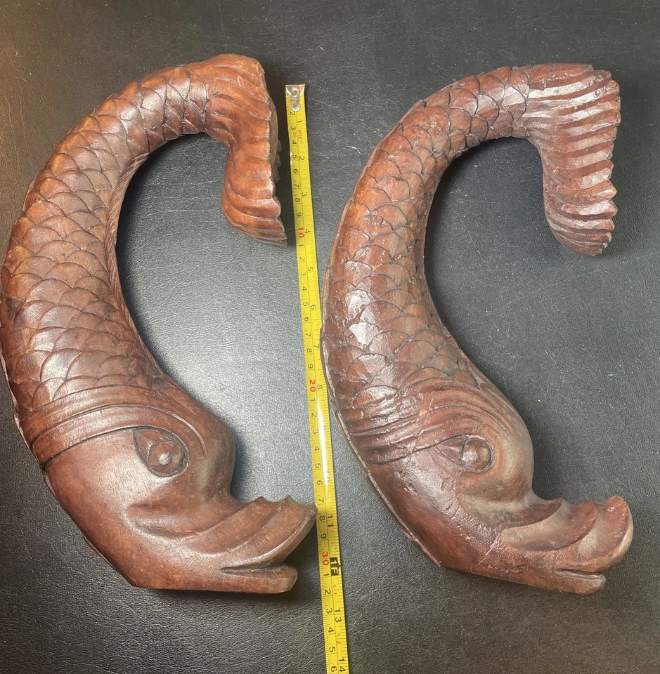 Pair of Antique Koi Fish Carved Wood Chair Embellishments Furniture Restoration - Image 3 of 4