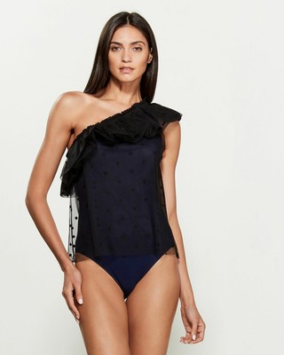 one shoulder ruffle bodysuit