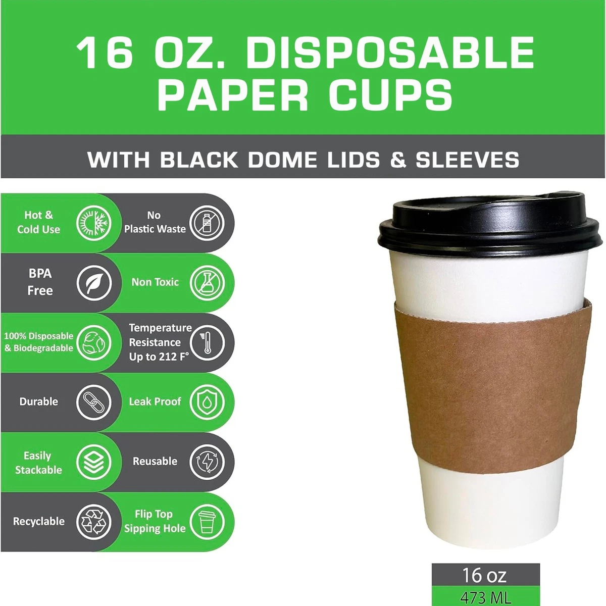 100 Count 16 ounce Disposable Coffee Cups Lids Reusable Hot Cups , To go NEW