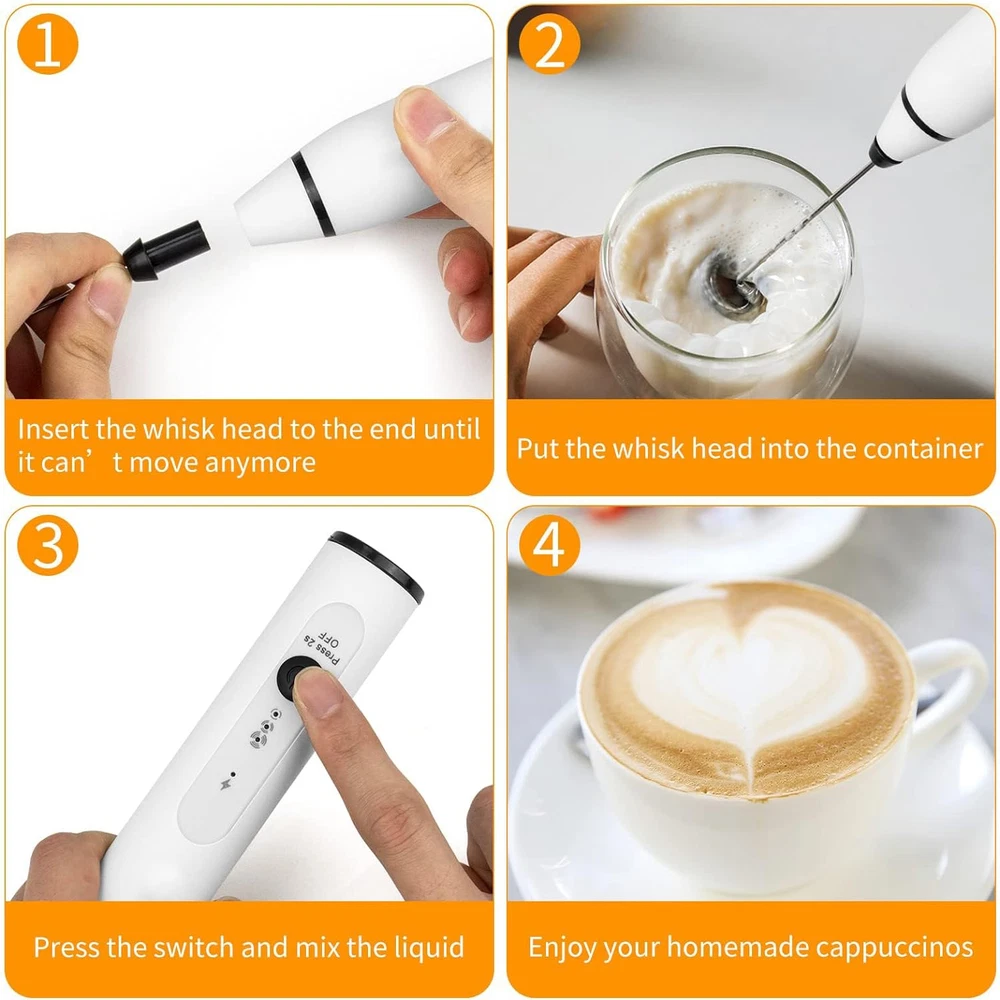 Milk Frother Handheld Foam Maker Usb-Rechargeable Drink-Mixer with 2 Stainless W