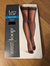Westloop Lace Top Silky Thigh Highs, Jet Black, Size S/M