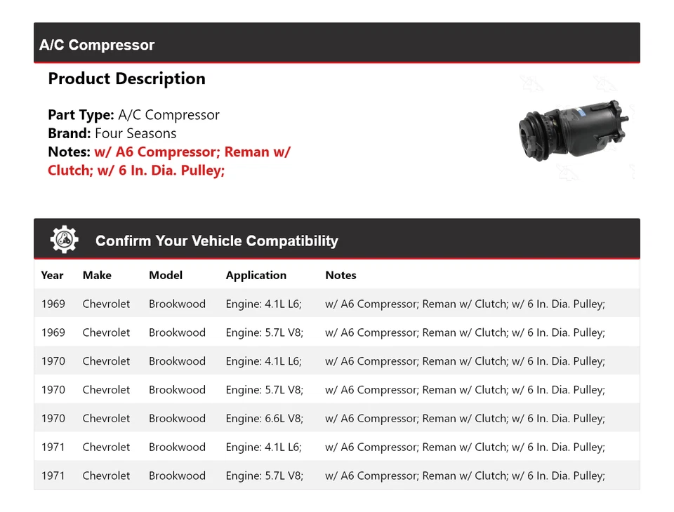 Compresor de aire acondicionado Chevrolet Brookwood 1969-1971 4 estaciones 1970 Foto 2 de 4