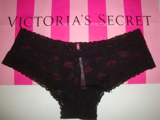 VICTORIA'S SECRET PINK ALL OVER LACE CHEEKSTER PANTY BLACK RED LIPS KISS SZ  S