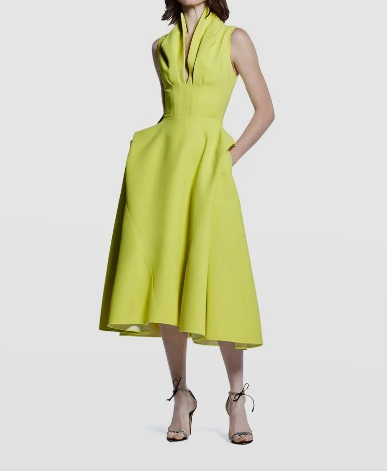 $1880 Maticevski Womenu0026#039;s Yellow Upton Draped Fit-u0026amp;-Flare Midi  Dress Size 2 | eBay