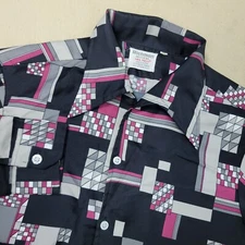 Vintage Richman Brothers Dura-Press Mens Medium Black Red Geometric Button Up
