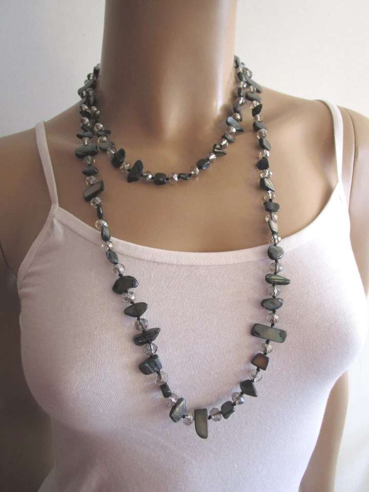 Damen Hals Kette Modekette Bettel lang Perlmutt Perlen Schwarz Grau Endloskette - Bild 2 von 4