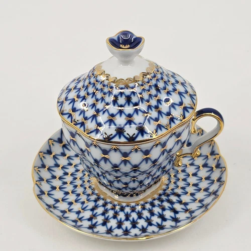 Lomonosov Imperial Russian Cobalt Net Covered Tea Cup & Saucer Set