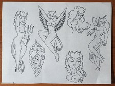 ORIGINAL 1980s HAND DRAWN, Vintage Traditional Tattoo Flash Production Sheet 11