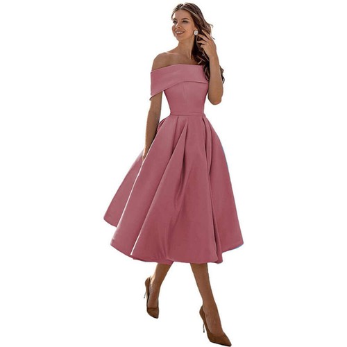 Women's Fashion Casual Strapless Satin Party Dress Off The Shoulder Tea Length S - Picture 5 of 106
