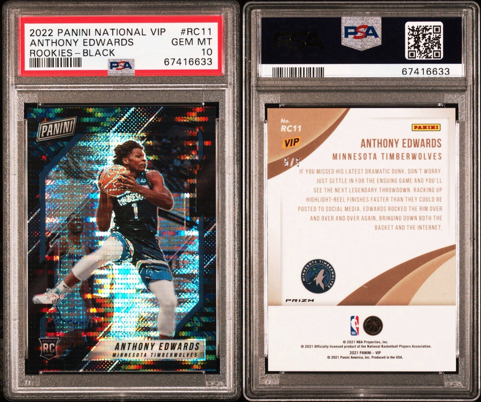 2022 PANINI NATIONAL VIP ANTHONY EDWARDS ROOKIES - BLACK #/5 PSA 10 GEM MINT view 3