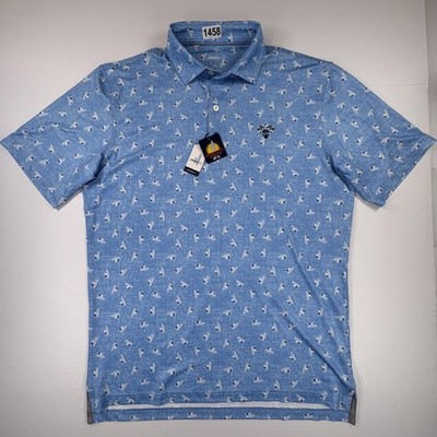 Johnnie-O Polo Shirt Mens Med Blue Surfer Print Golf Butte Des Morts CC UPF 50