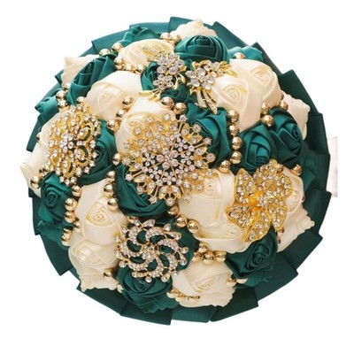 Emerald Green and Ivory Bridal Wedding Bouquet with Gold Brooch Rhinestone Pe...