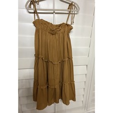 Caramel Brown Tie Spaghetti Strap Tiered Sundress Festival Boho Womens Small