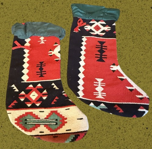 2- Vtg Handmade Turkish Kilim Wool & Taffeta Handmade Stockings
