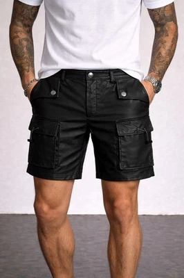 Nouveau short en cuir noir à six poches pour hommes | Short en cuir de mouton... - Photo 1/4