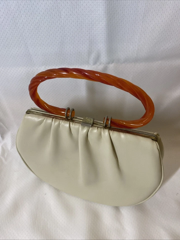 Vintage Handbag Garay 1950s Ivory Translucent Twisted Amber Lucite Handle MCM - Image 2 of 4