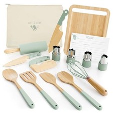 Wooden Cooking  Baking Set for Kids - Safe  Real Kitchen Tools Sage Green