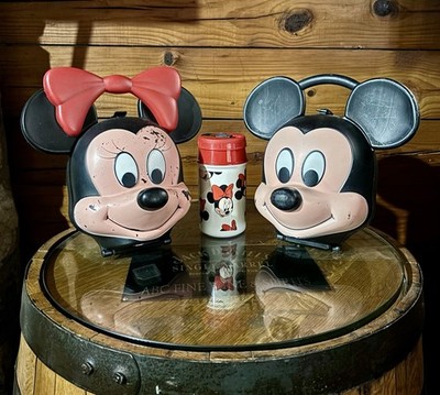Vintage Disney Mickey & Minnie Mouse Head Lunchboxes w/ Minnie Thermos
