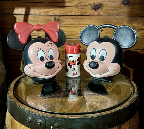 Vintage Disney Mickey & Minnie Mouse Head Lunchboxes w/ Minnie Thermos