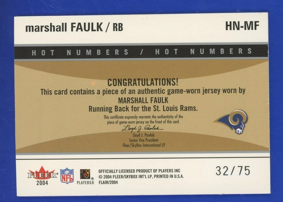 Marshall Faulk 2004 Flair Hot Numbers SILVER 3-color GAME-WORN PATCH - #d 32/75 - Image 3 of 3