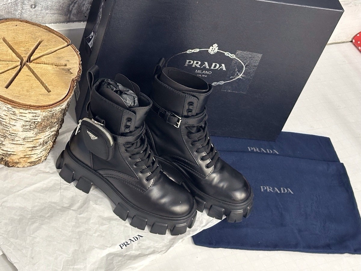 PRADA Black Leather Combat Boots Mid-Calf Lace Up with Pouch Logo