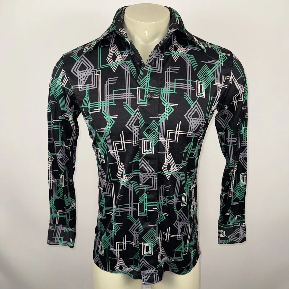 Vintage 60s 70s Disco Shirt Nylon Stretch Nik Geometric Abstract Mod Mens Medium - Image 2 of 4
