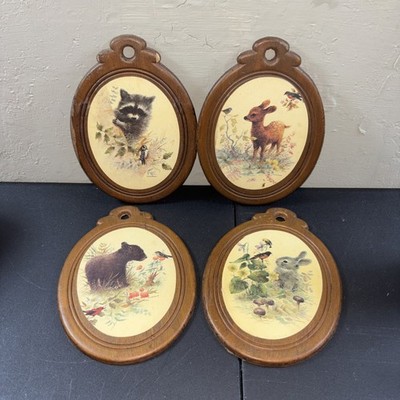 4 Vtg Giordano Wood Oval Baby Animal Wall Plaques Raccoon Rabbit Bear Deer Birds