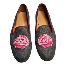 STUBBS WOOTTON Rose Blossom Slipper in Gray Flannel, Size 10- Reg 625