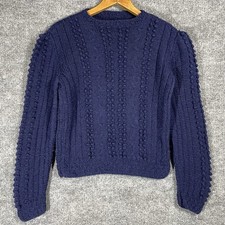 VINTAGE 80s Womens Wool Sweater Size XS Blue Puff Sleeve Knobby Cable Knit