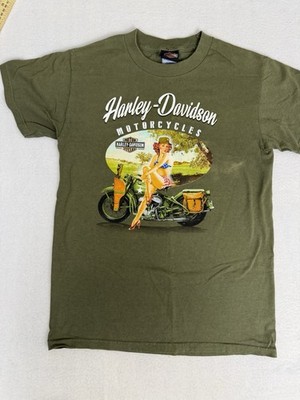 Harley Davidson Pinup Girl T-Shirt Mens S Green WWII Biker Built