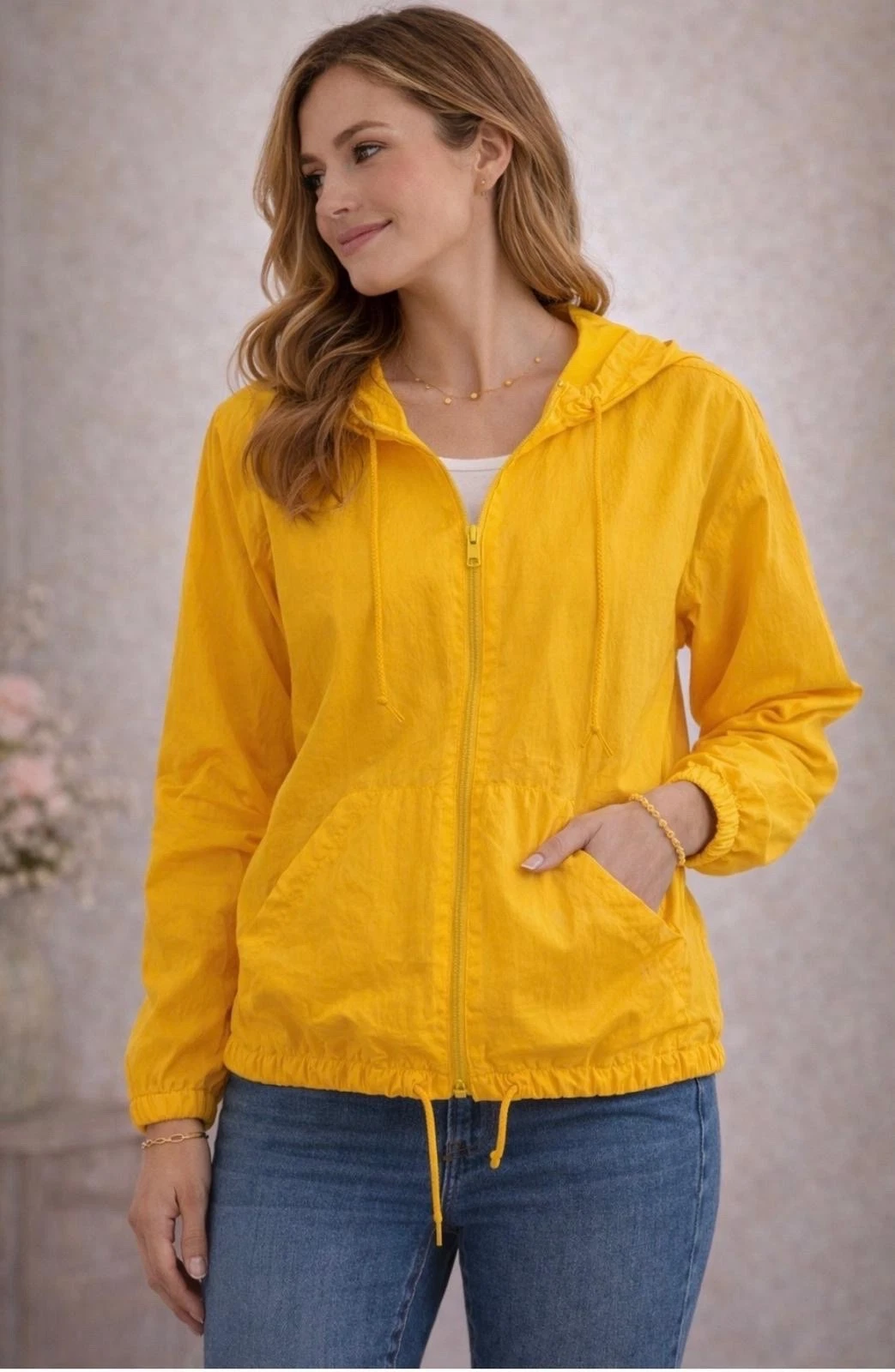 Baxter & Wells Yellow Hooded Windbreaker Jacket M Full Zip Drawstring