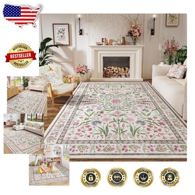 Vintage 6x9 Floral Area Rug - Soft Polyester, Washable, Boho Pink Design