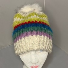 Rainbow Striped Knit Beanie Hat with Faux Fur Pom Pom and Metallic Tinsel Accent