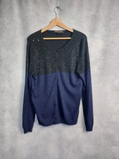 CLEMENTS RIBEIRO CARDIGAN SIZE LARGE. BLACK AND BLUE BEADED CREW NECK W CASHMERE