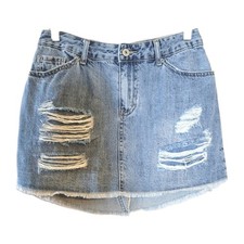 Vanilla Star Denim Mini Skirt Juniors Size 3 Distresed Medium Wash Hi-Low Grunge