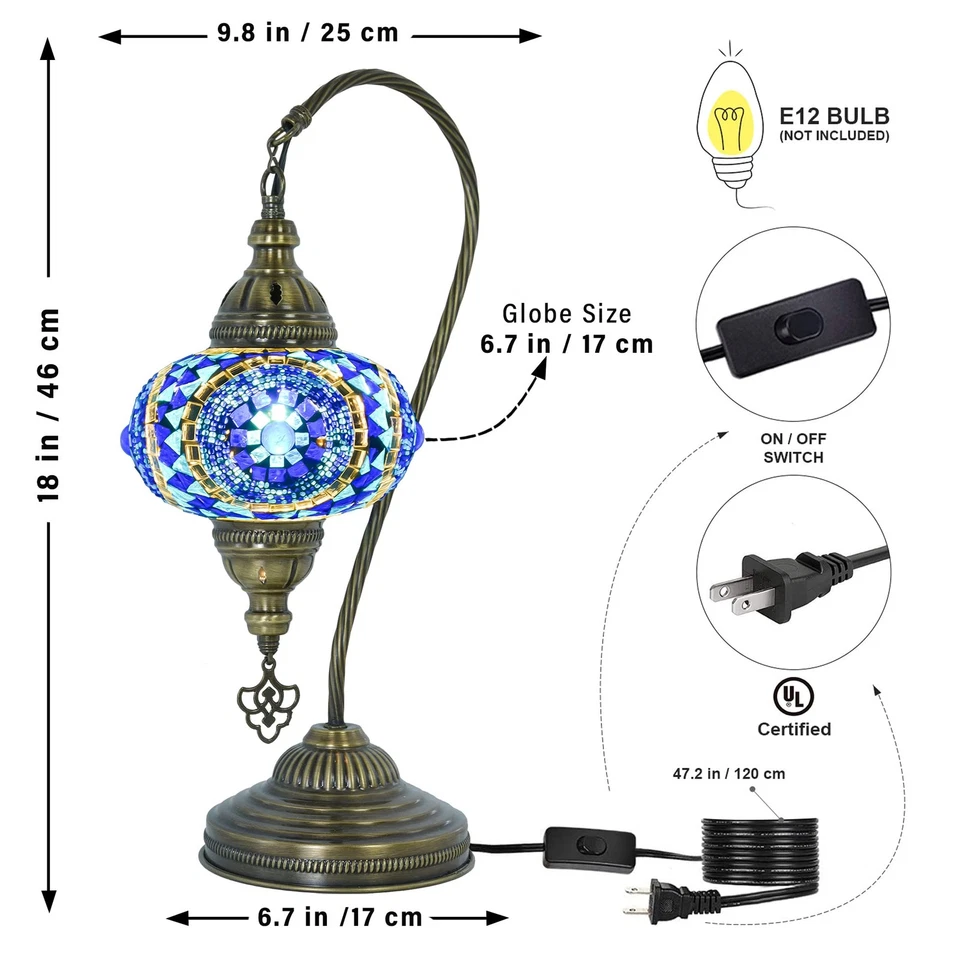 Turkish Mosaic Swan Neck Table Lamp, Moroccan Boho Style Sea Blue Gooseneck R... - Image 4 of 4