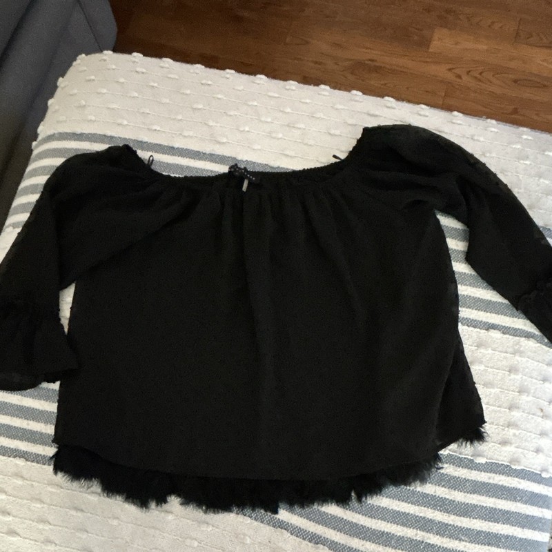 Endless Rose Women’s L Black Solid Off Shoulder Sheer Sleeve Feather Blouse