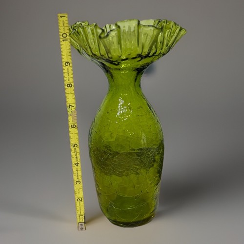 Blenko Olive Green Crackle Glass Vase Approx. 10” Tall Circa 1960s Hand Blown - Picture 7 of 7