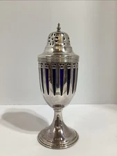 English Sugar Caster Shaker Sterling Silver Cobalt Blue Glass Liner 7 1/2”