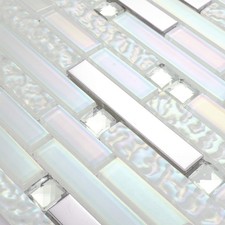 Glass Metal Linear Mosaic Backsplash Tile Iridescent White Glass and Shiny Si...