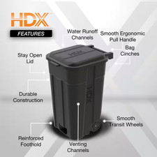 45 Gal. Black Heavy Duty Outdoor Trash Can with Wheels and Attached Lid