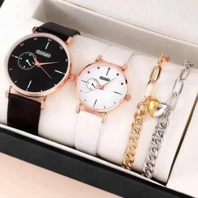 4pcs Fashion Simple Set Watche Unisex Leather Quartz Bkack and White (no  box)
