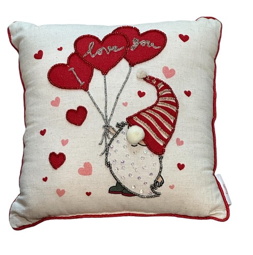 Herz & Küsse Wichtel hält Herz I Love You Luftballons verziert Deko Kissen - Bild 1 von 3