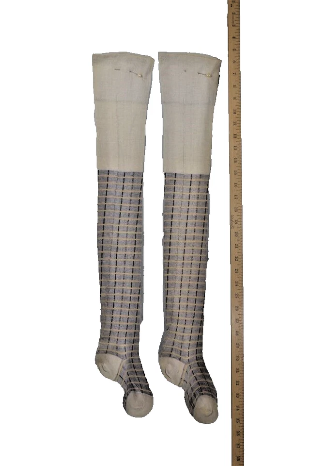 古董女式丝袜格子棉灰色黄色 8.5 英尺罕见原装 1880 年 — 第 2/4 张图片