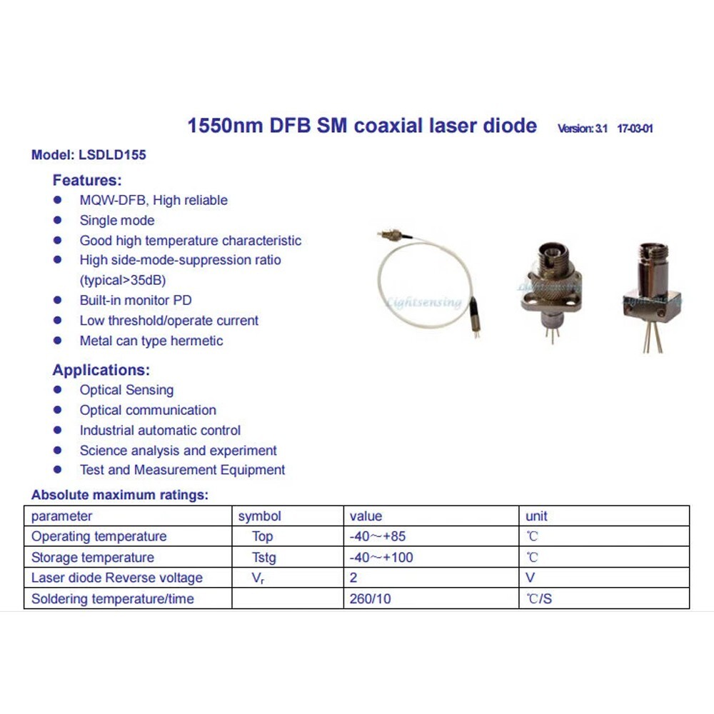 Fiber Output Power 1550nm DFB Laser Diode 4mW APC Casendusty LAB High Quality