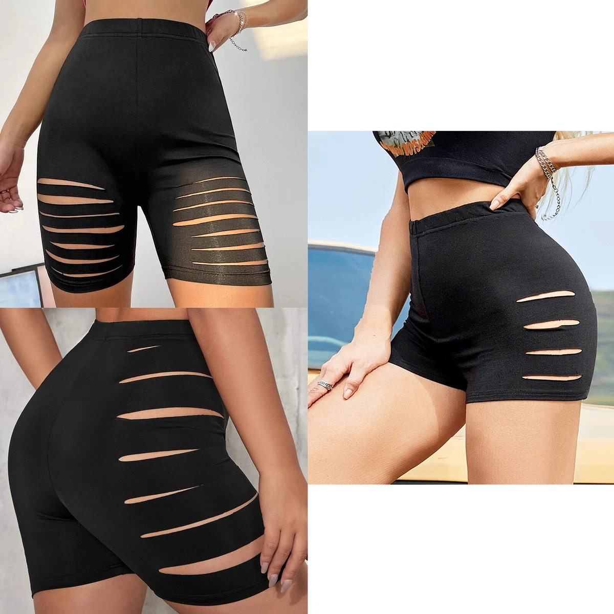 Women High Waist Shorts Hollow out Ripped Cycling Yoga Short Leggings Shorts