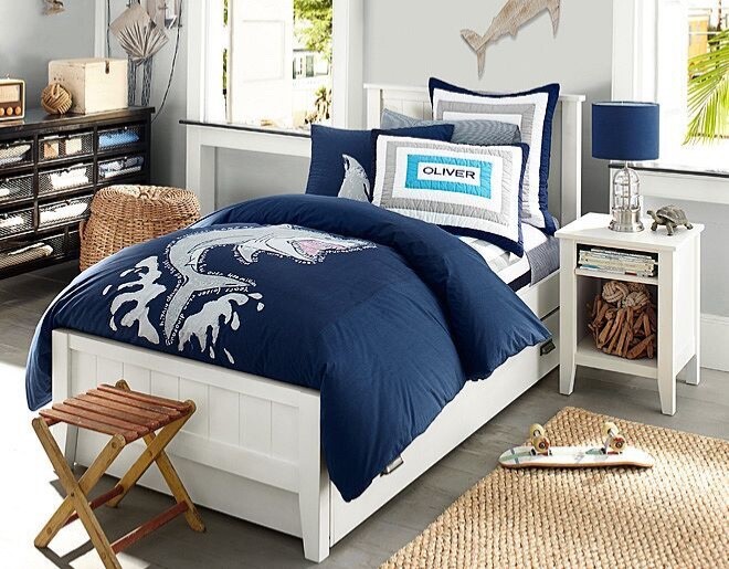 POTTERY BARN KIDS SHARK ST TROPEZ DUVET SHAMS FULL WITH SHEETS
