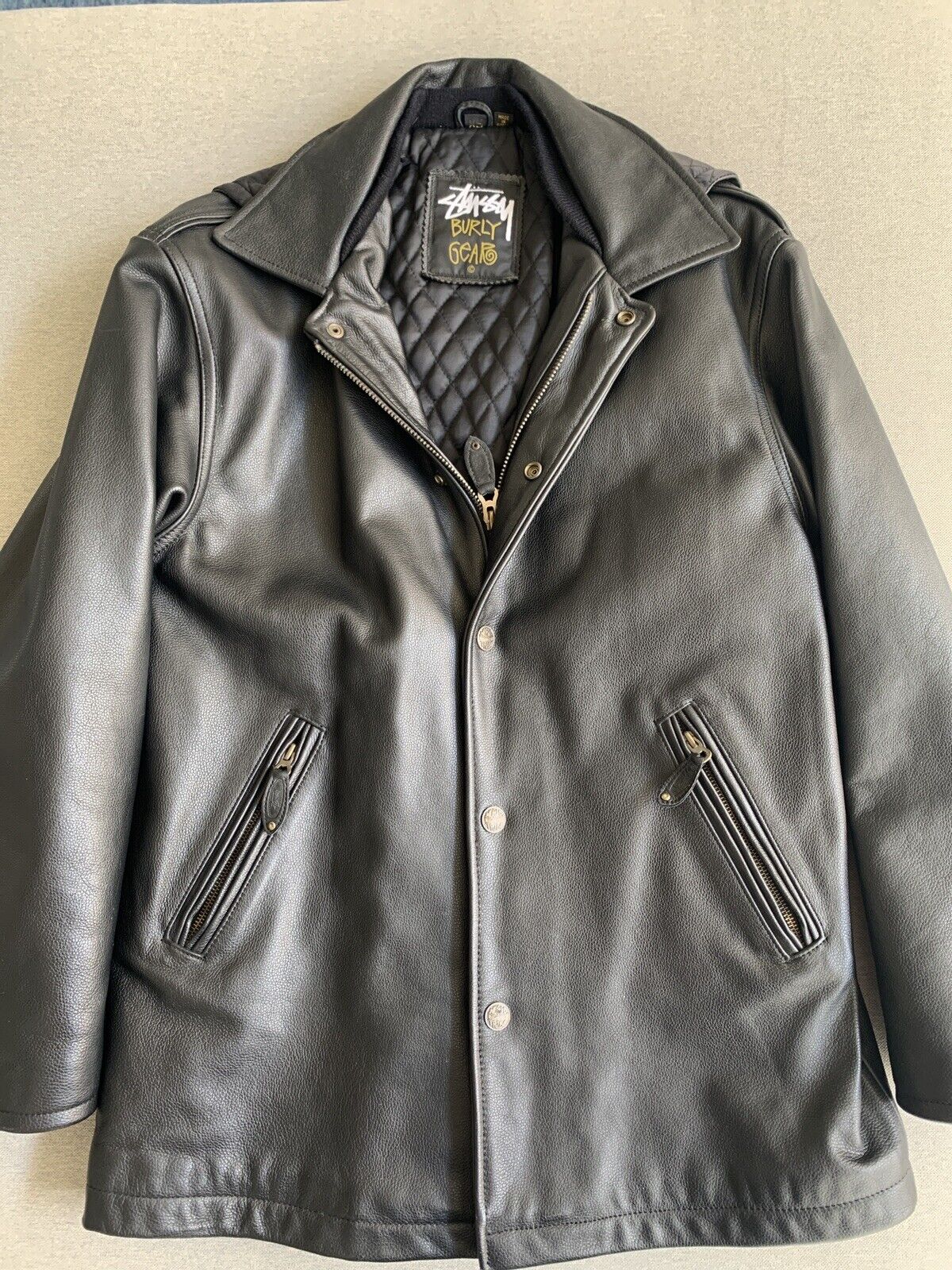 Stussy ULTRA RARE vintage leather coat 90's % AUTHENTIC XS