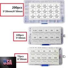 72/200x Assorted Glass Fuses 5x20mm 6x30mm Box Fuse Quick  Fast Acting Tube Kit