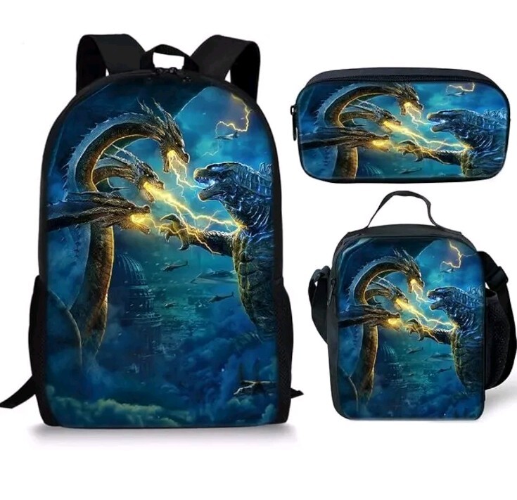 3 Pc Set -new 3d DRAGON Kids School Backpack Cooler Lunch Bag Pen Bag Set